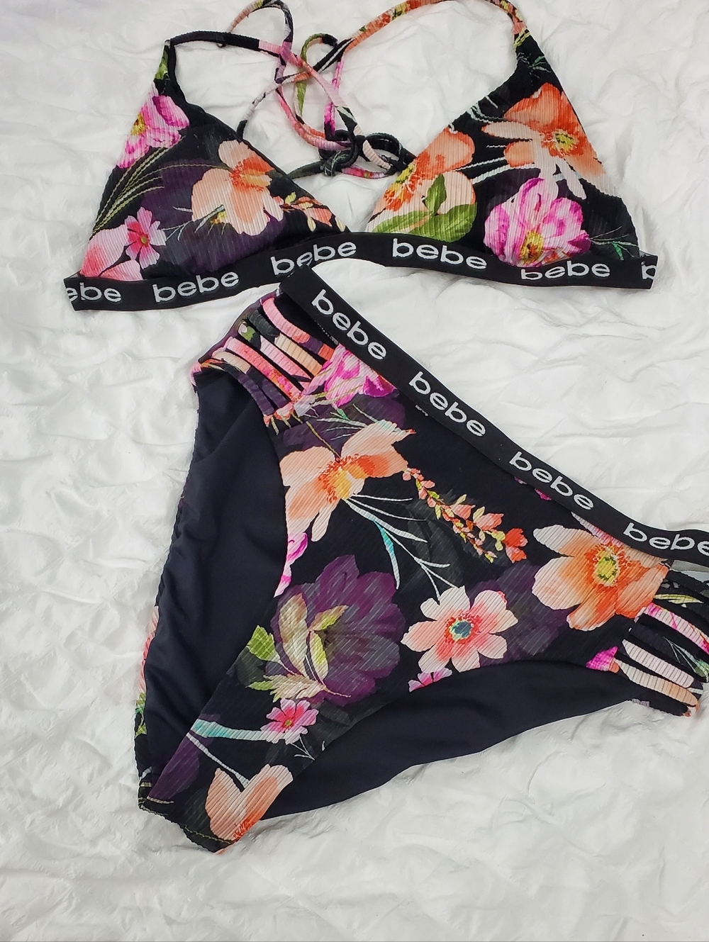 Bebe Floral Ribbed Hi-Waist Bikini Set. Black Multicolored floral tropical print